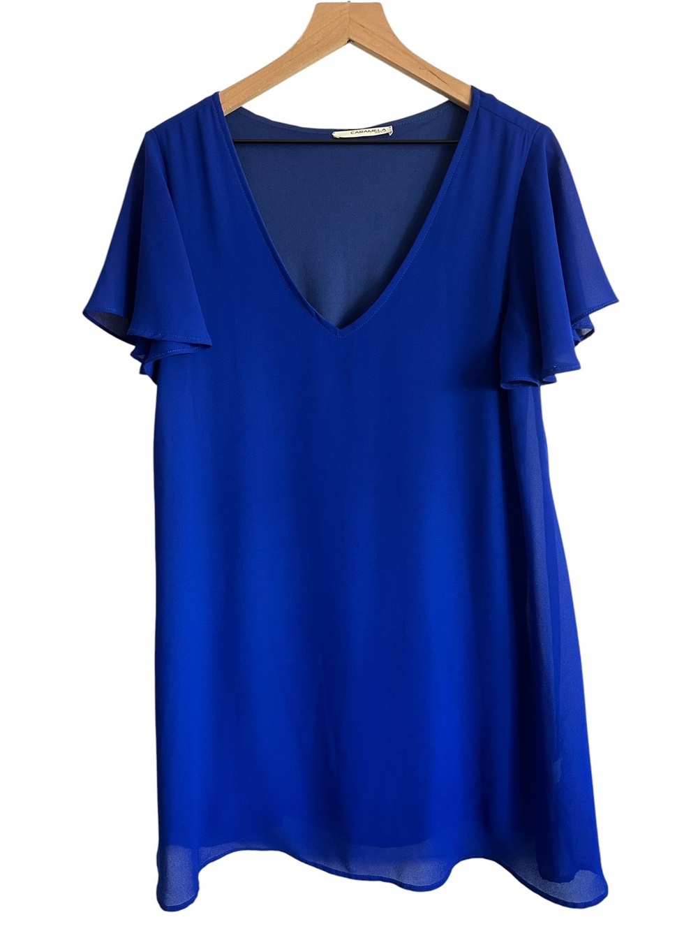 VTG Caramela Dress Large Blue Flutter Sleeve Romantic Date Night Shift Shear
